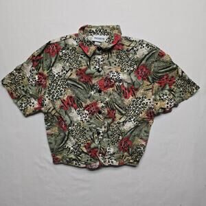 Vintage Paquette Shirt Womens M Green Leopard Floral Tie Front Button Up Blouse